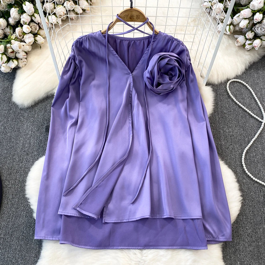 High Quality 3D Floral Lace Up Long Sleeve V Neck Ruffle Blouse Top