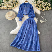 Summer Embroidery Maxi Dress Two Piece Set Women Blue Hollow Lace Long Sleeve Blouse Shirts 3pcs Sets Elastic Waist Skirts Suits