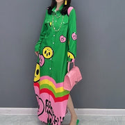 High quality long sleeve print green maxi dress