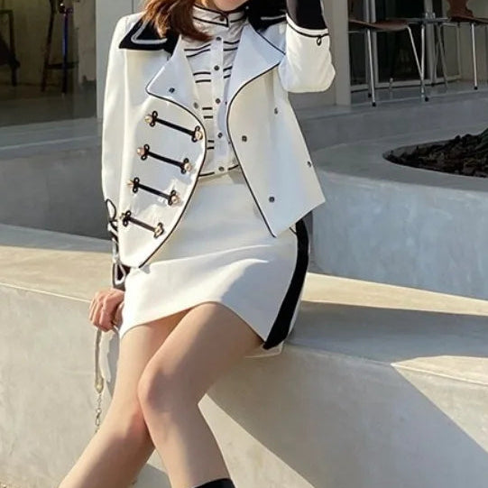 British Style Office Ladies White Suit Jacket Skirt Two Piece Set Slim Fit New Designer Jacket A-Line Skirt Women Matching Set