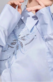 High quality mid-length flower openwork embroidery cotton shirt