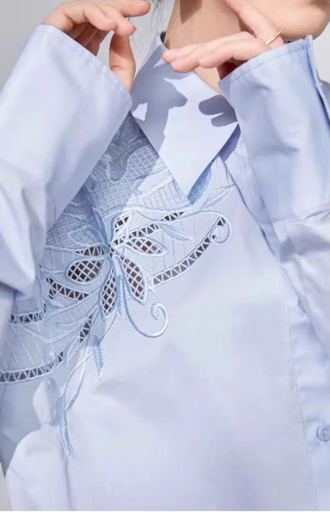 High quality mid-length flower openwork embroidery cotton shirt