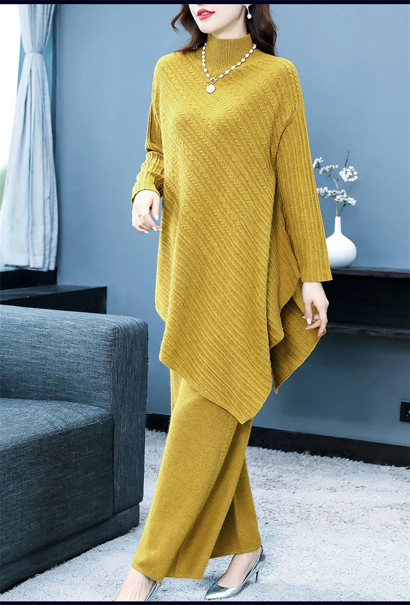 High Quality Turtleneck Knitted Wide Leg Irregular 2 Piece Set