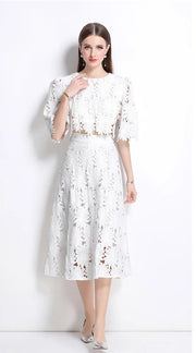 Elegant two-piece set, round neck, hollow-out crop top, high-quality high-waist skirt