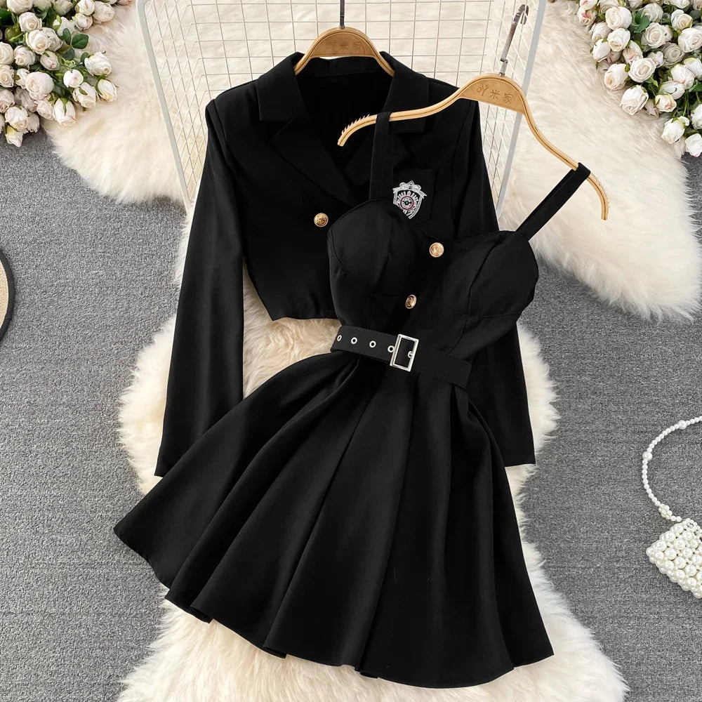 Preppy Style Autumn Two Piece Sets Womens Outifits Women Set Full Button Coat Spaghetti Strap Bra Pleated Dresses Dropshipping