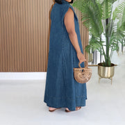 Long Dress Women Denim Dresses A Line Vestidos  Streetwear Turn Down Collar Sleeveless Elegant Casual Loose