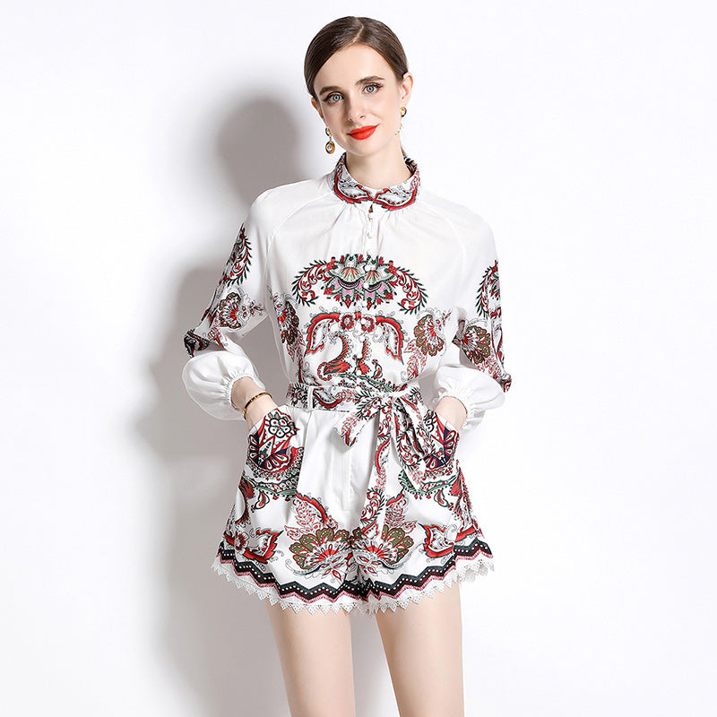 Paisley Flower Print 2 Piece Suit Stand Collar Loose Fit Shirt + Lace Trim Shorts High Quality