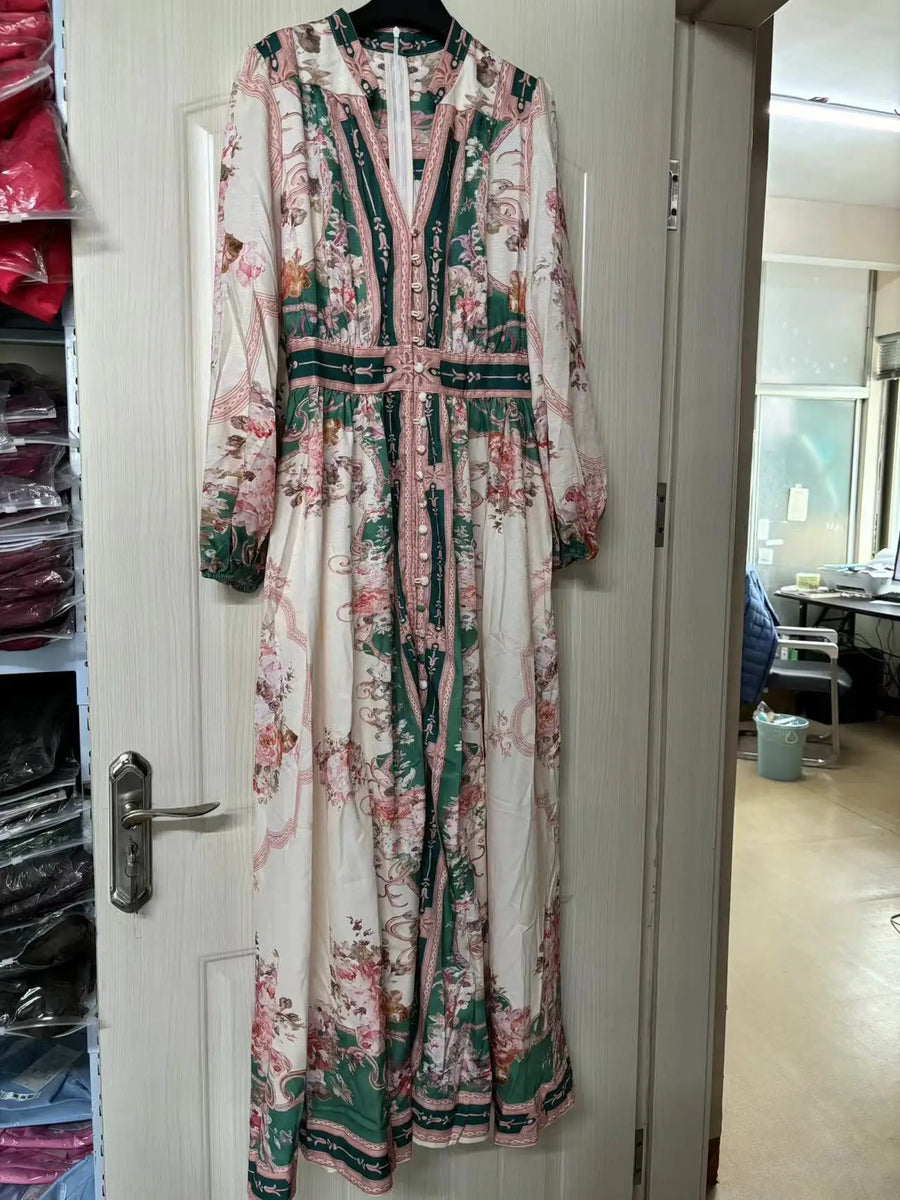 High Quality Vintage Style Long Patchwork Print Long Sleeve Dress