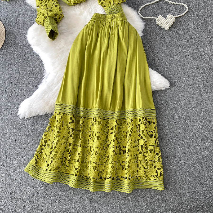 Skirt Sets Women Clothing Temperament Two Piece Set Patchwork Lace Blouses High Waist Hollow Out Long Skirts Suit Summer Outfits
