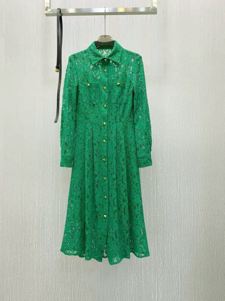 high quality multi color lace dress with pockets, long sleeves, buttons with collar