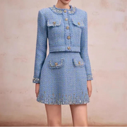Spring Elegant Womens O Neck Beading Short Tweed Jacket Outfits Above Knee Length Sundress Two-Piece Set Slim Jackets Dress Sets