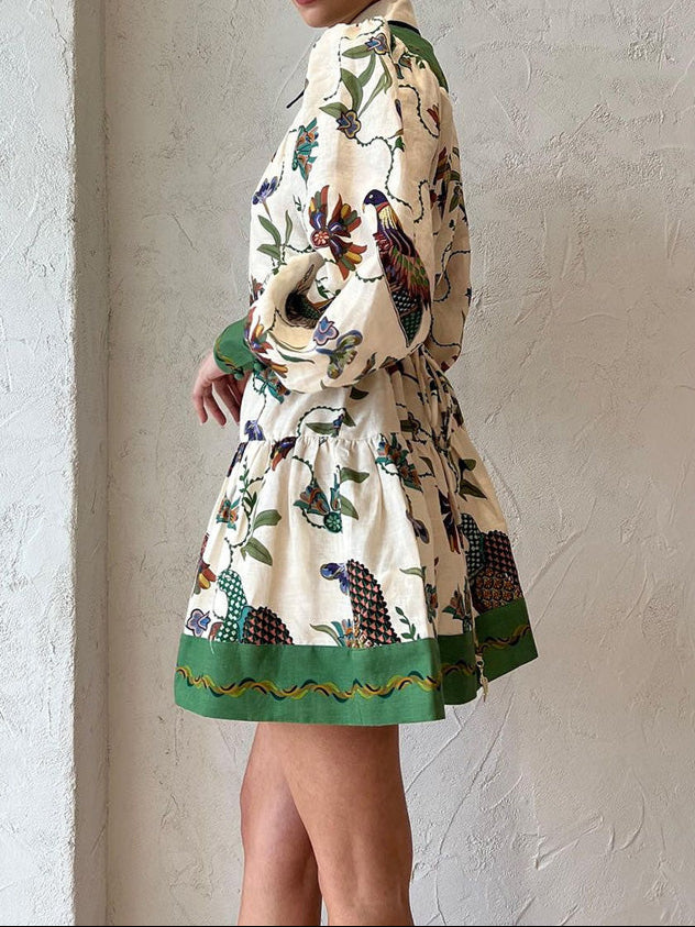 print pleated loose dress Design Retro Print Round Neck Single Breasted Buckle Waist Loose Dress 2024 Summer Women Fashion Pleated Elegant Dress Female