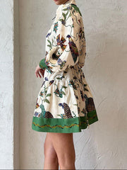 High Quality Single Breasted Long Flare Sleeve Loose Flower Print Pleated Mini Dress