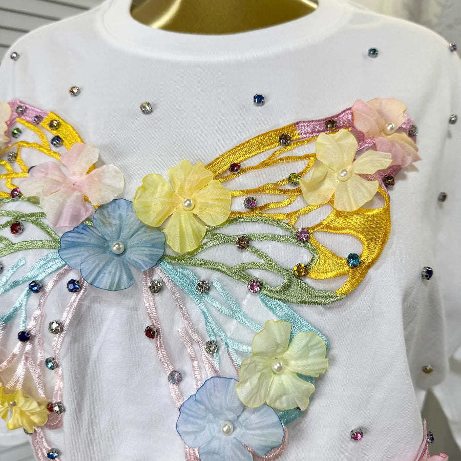 Fashion Butterfly Floral Beading Women's Set T-shirt and Shorts  Summer Active Two 2 Piece Sets Outfit Tracksuit