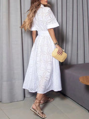 High Quality Lace-up Spliced Short Sleeve High Waist Lapel A-Line Elegant Dress