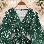 Retro Sweet V Neck Slim Lace -up Print Autumn Summer Elegant Elastic Dress A-line Long Sleeve Vacation Women Mermaid Dresses