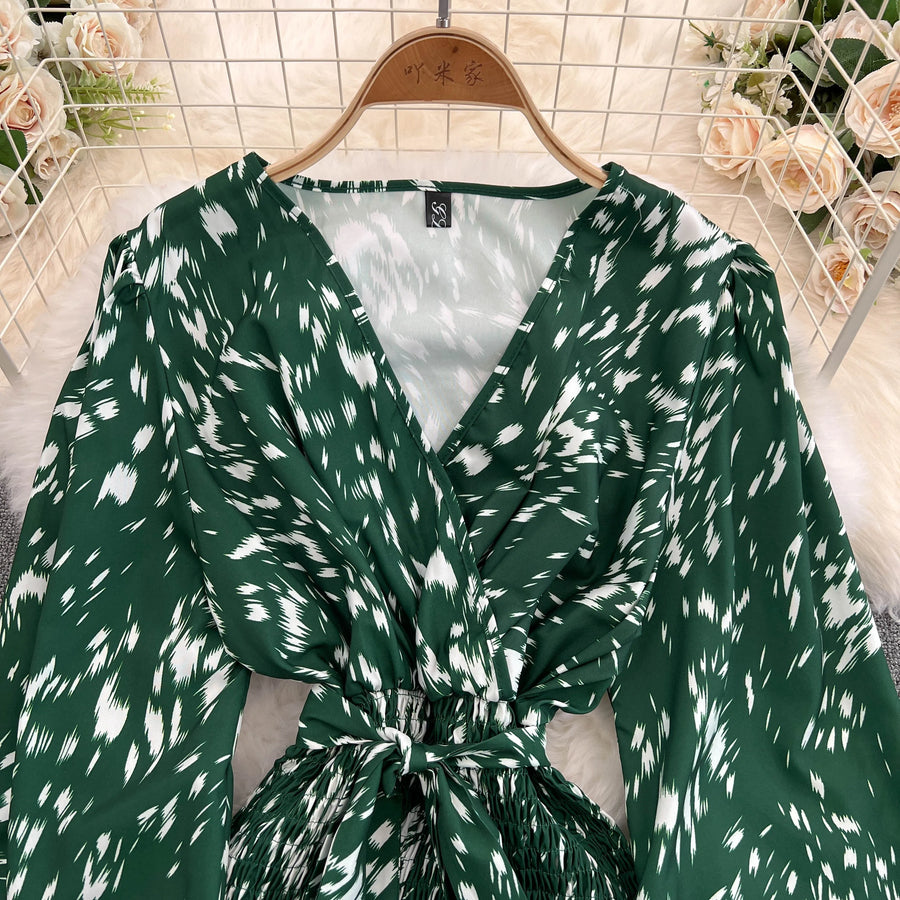 Retro Sweet V Neck Slim Lace -up Print Autumn Summer Elegant Elastic Dress A-line Long Sleeve Vacation Women Mermaid Dresses