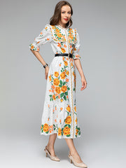 Floral three-quarter sleeve midi dress with high quality belt