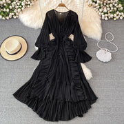 High Quality Ruffled Irreful Hem Elegant French Style Solid Striped Open Stitch Dress