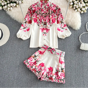 Fashion Spring Runway 2 Piece Sets For Women Turn Down Collar Floral Print Blouse And Shorts Suit Office Lady Outfits