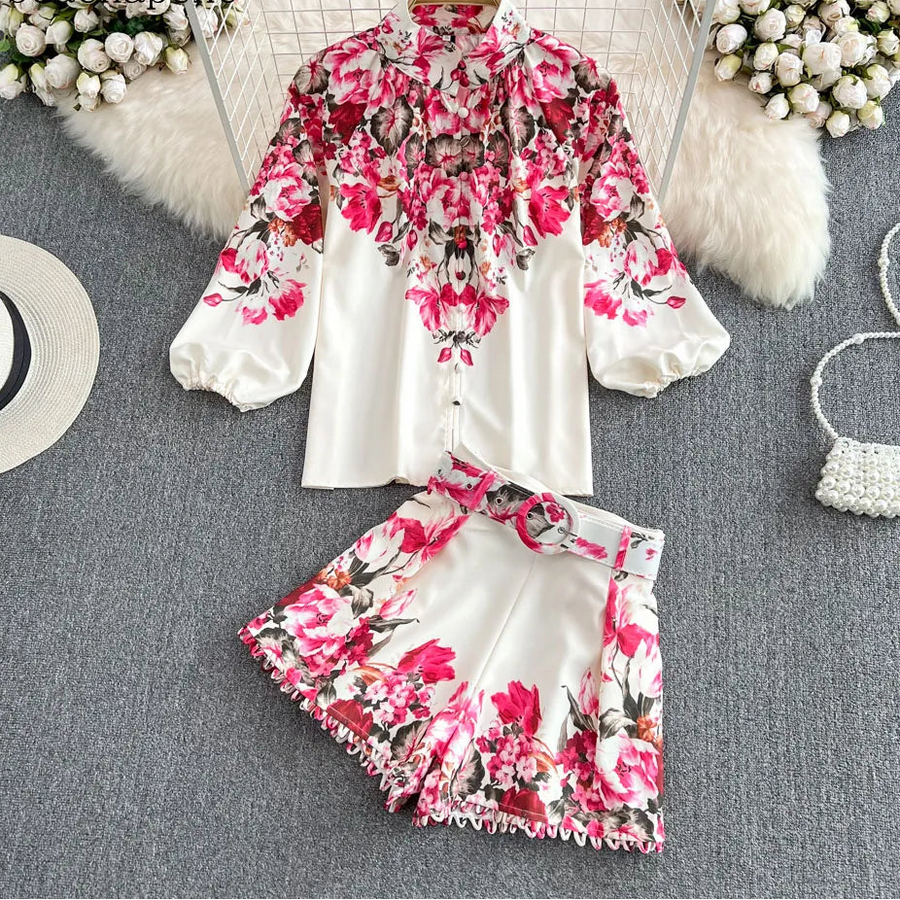Fashion Spring Runway 2 Piece Sets For Women Turn Down Collar Floral Print Blouse And Shorts Suit Office Lady Outfits