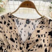 Retro Sweet V Neck Slim Lace -up Print Autumn Summer Elegant Elastic Dress A-line Long Sleeve Vacation Women Mermaid Dresses