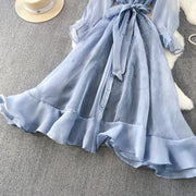 Fashion Temperament Bandage Slim Waist Dress Fairy Gauze Ruffled Long Robe Turn-down Collar Single Breasted Diamonds Vestidos