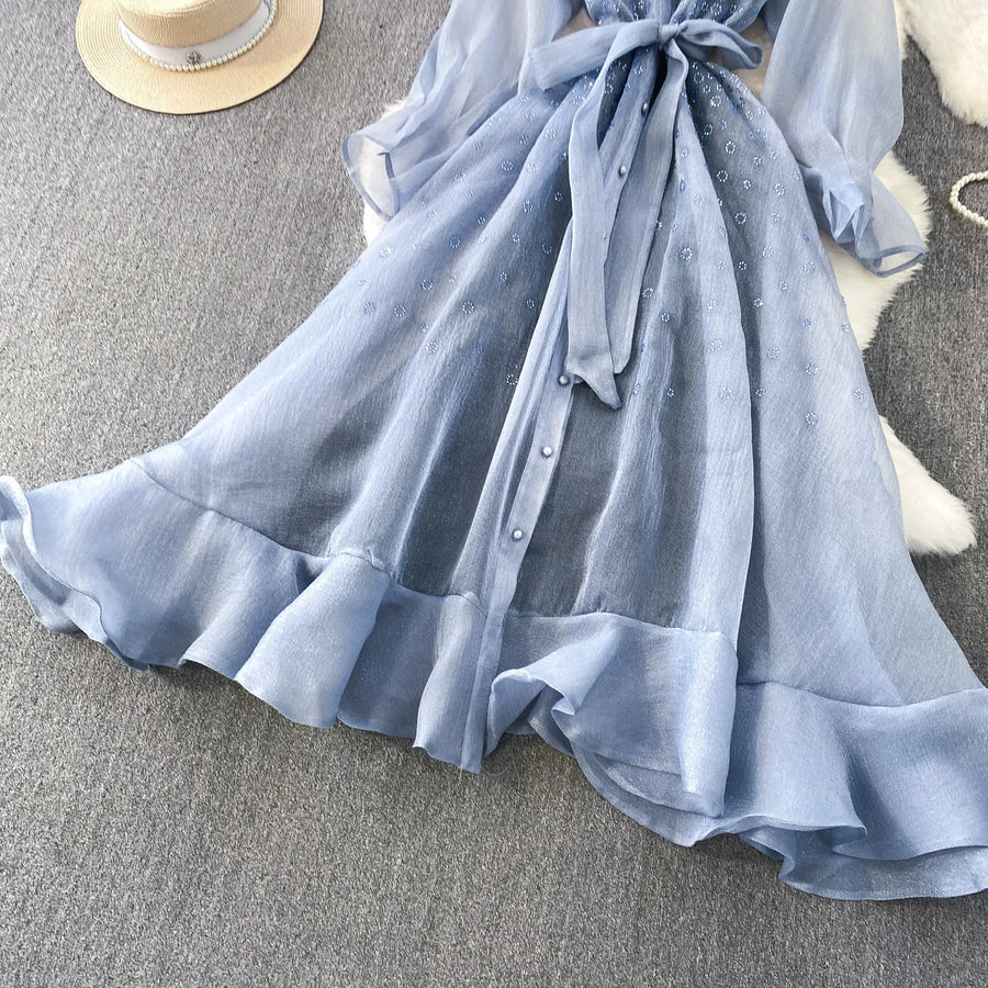 Fashion Temperament Bandage Slim Waist Dress Fairy Gauze Ruffled Long Robe Turn-down Collar Single Breasted Diamonds Vestidos