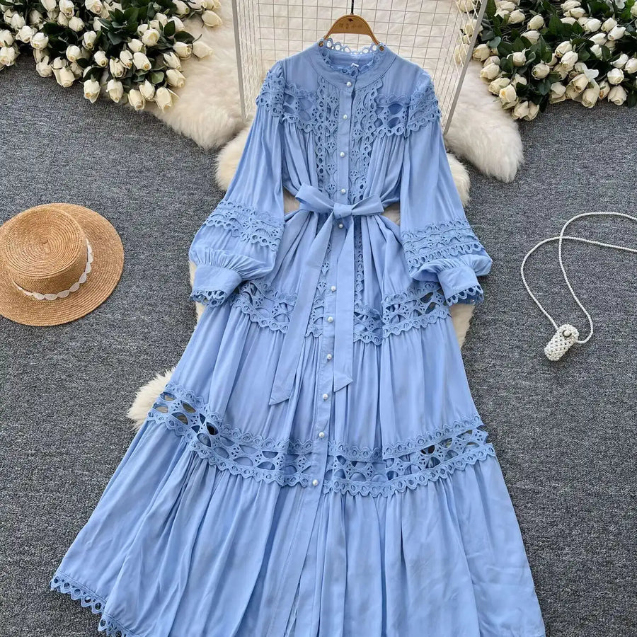 Elegant retro style slit maxi dress with pearl buttons and high-quality crochet embroidery
