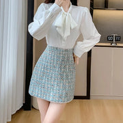 Autumn Winter High Quality New Blue Tweed Two-Piece Set Women Beaded Short Jacket + Mini Skirt Elegant Temperament Chic Suits