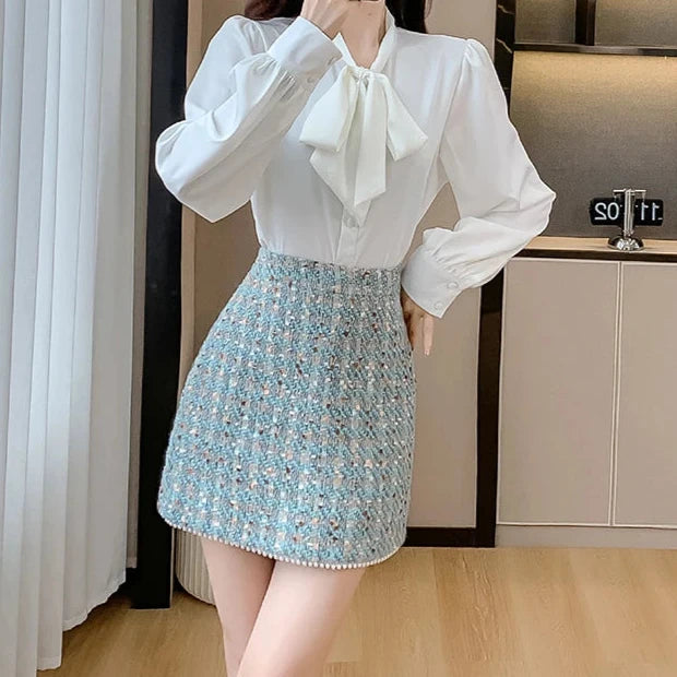 Autumn Winter High Quality New Blue Tweed Two-Piece Set Women Beaded Short Jacket + Mini Skirt Elegant Temperament Chic Suits