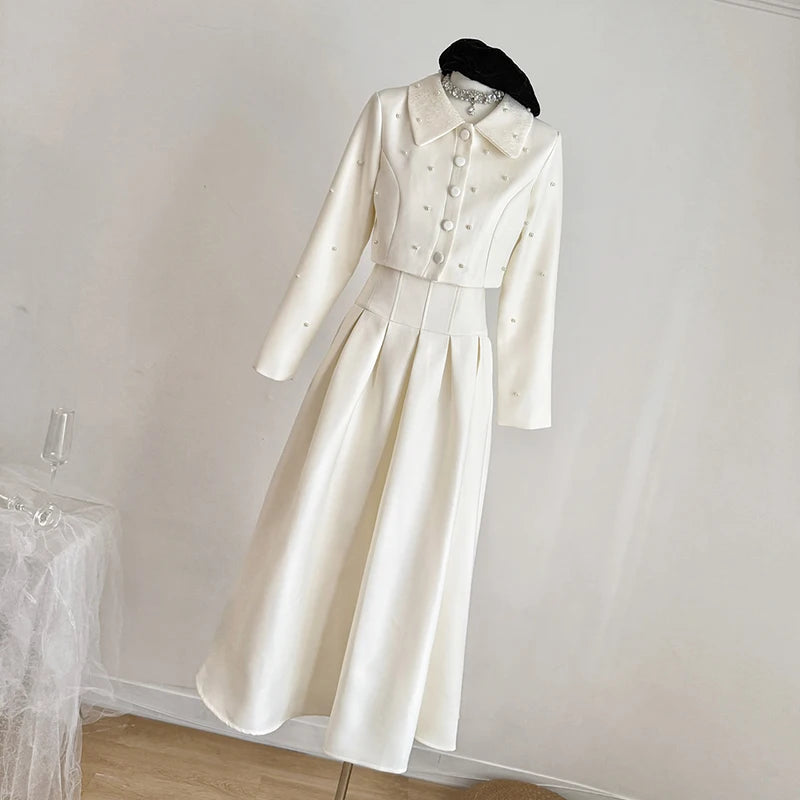 Two-piece set Elegant short jacket and long skirt suit with luxury pearl beads for women, high quality