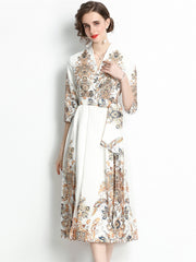 High Quality Three Quarter Sleeve V Neck Long Sleeve Flower Print Satin Dress