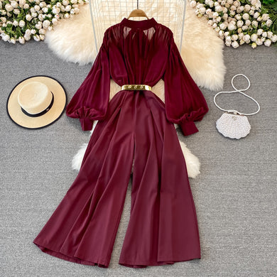 High Quality Wide Leg Lantern Sleeve Stand Collar Pleated Jumpsuit