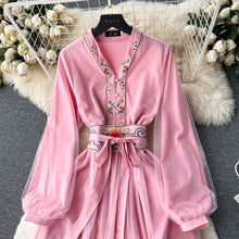High Quality Pearl Button V Neck Long Sleeve Lace Up Patchwork Mesh Dresses