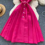High-quality A-line dress with straps, V-neck, sleeveless, elegant fitted waist