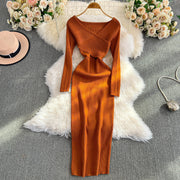 Women's Wrapped Hip Bodycon Waist Show Thin Long Sleeve V-Neck Bottom Dress
