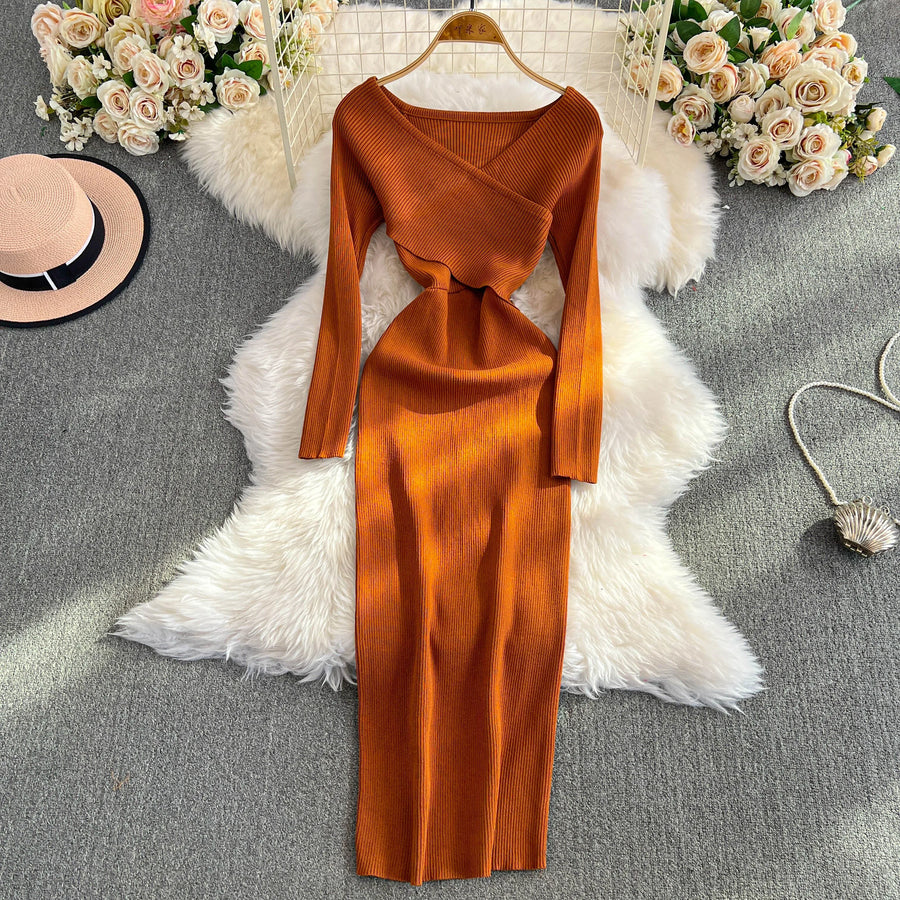 Women's Wrapped Hip Bodycon Waist Show Thin Long Sleeve V-Neck Bottom Dress