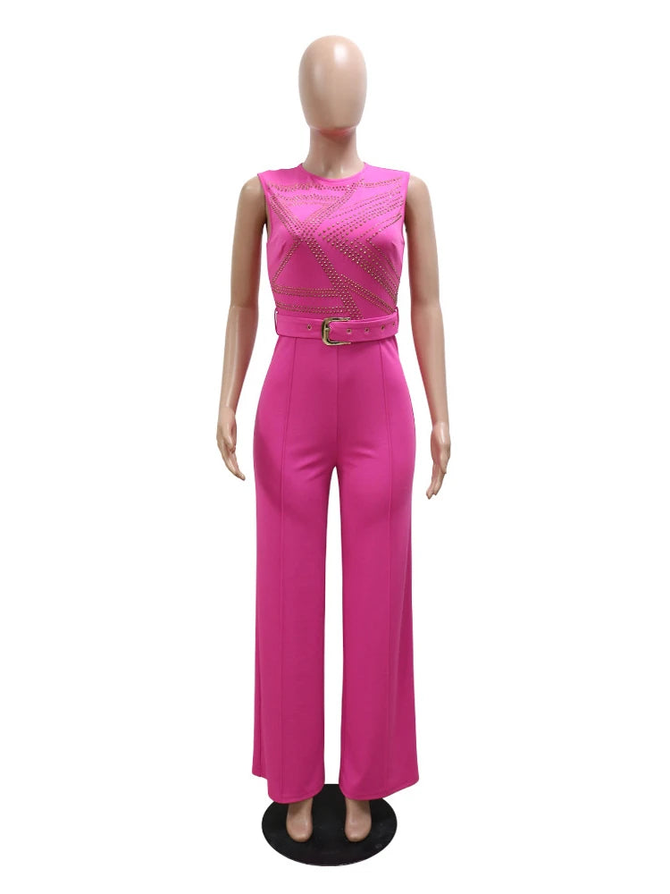 Elegant Jumpsuits Round Neck Sleeveless High Waist Wide Leg Pants with Belt High Quality