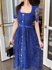 High Quality Flower Embroidery Water Soluble Lace Hollow Out Square Neck Belted Elegant Dress