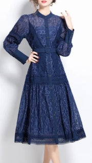 Elegant round neck fitted long dress, vintage style, long lantern sleeves, embroidery, single breasted, French evening style