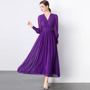 High quality V-neckline puff sleeve high waist draped chiffon long dress