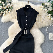SINGREINY 1950s Ribbed Knit Dress Sleeveless Lapel Belt French Ins Chic Spring Summer Celebrity Style Feminine A-line Long Dress