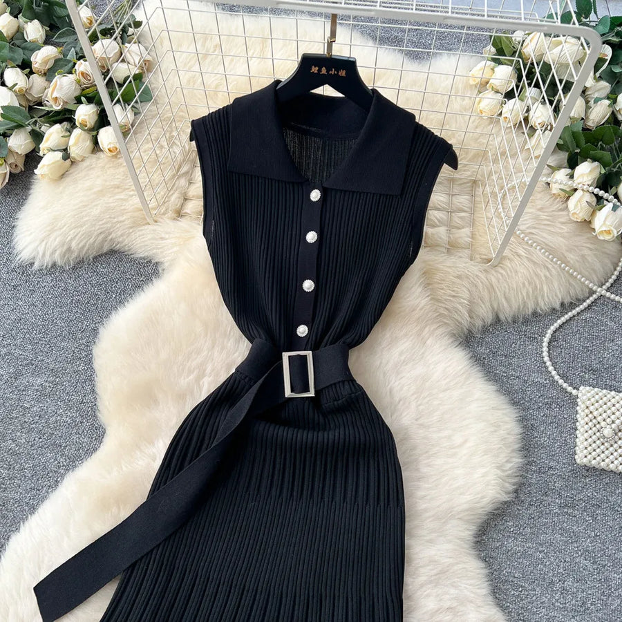 SINGREINY 1950s Ribbed Knit Dress Sleeveless Lapel Belt French Ins Chic Spring Summer Celebrity Style Feminine A-line Long Dress