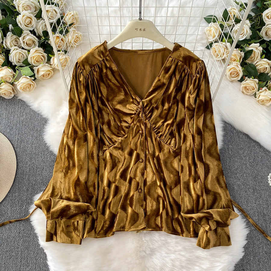 Autumn Velvet Skirt Two-piece Set V-neck Single Breasted Shirt Jacquard Skirts Suit  French Elegant Fashion Women Matching Sets