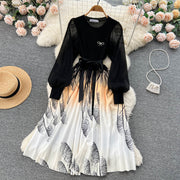 High Quality Flower Print Knitted Mesh Stitching Lantern Sleeve Pleated Dress