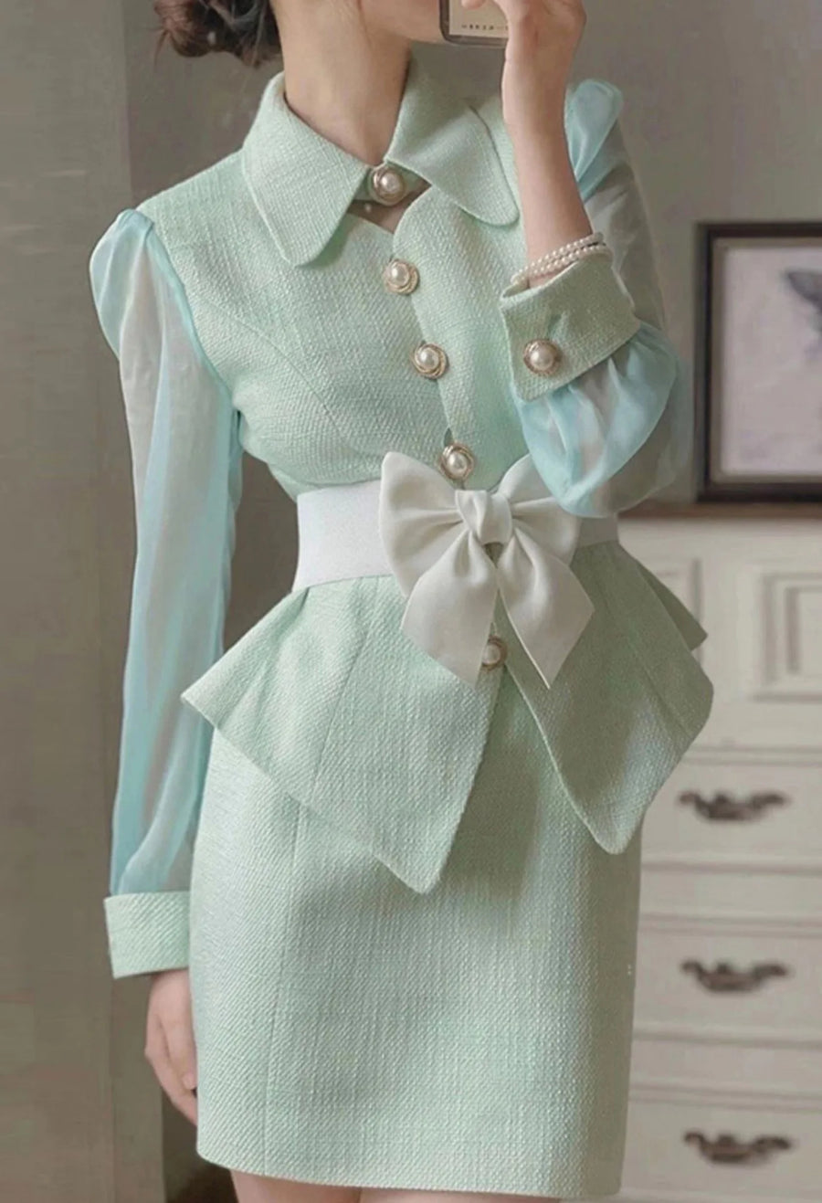 Dress Sets Women  Vintage Beading V-neck Jacket + Skirts Female Woolen Blend Evening Luxury 2 Piece Set