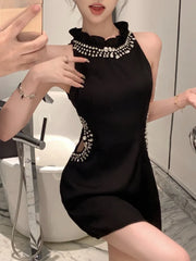 Elegant Mini Dresses Women Rhinestone Hollow Out French Style Ruffled Collar Slim Sleeveless Off Shoulder Black Sexy