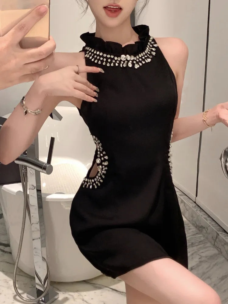 Elegant Mini Dresses Women Rhinestone Hollow Out French Style Ruffled Collar Slim Sleeveless Off Shoulder Black Sexy