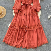 Elegant retro style slit maxi dress with pearl buttons and high-quality crochet embroidery